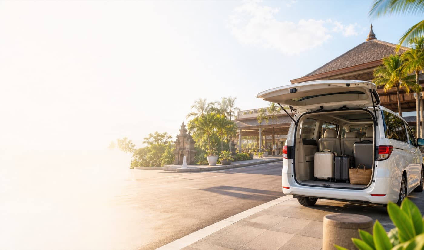 A spacious white family van ready for a Bali airport transfer