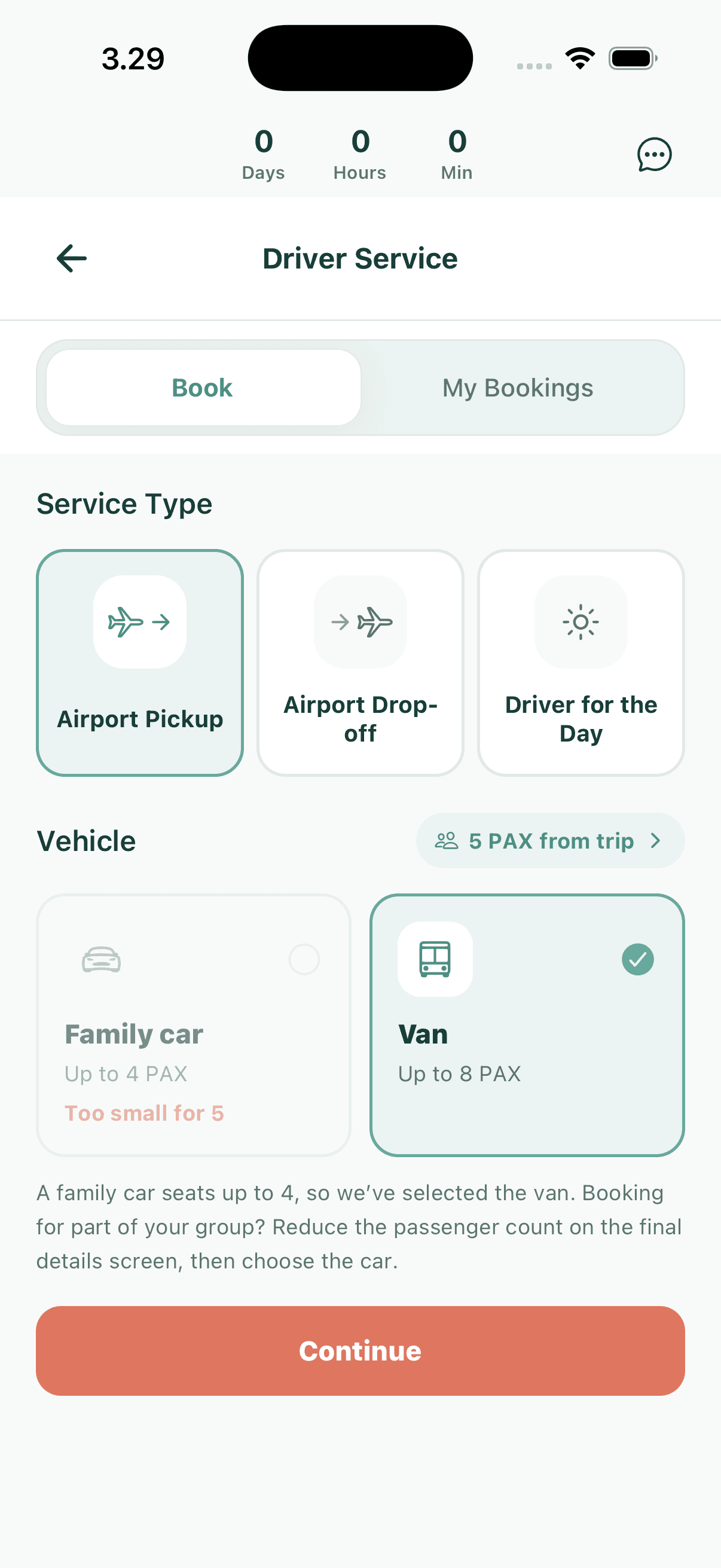 BFF driver booking screen with airport pickup, drop-off, day driver and vehicle choices