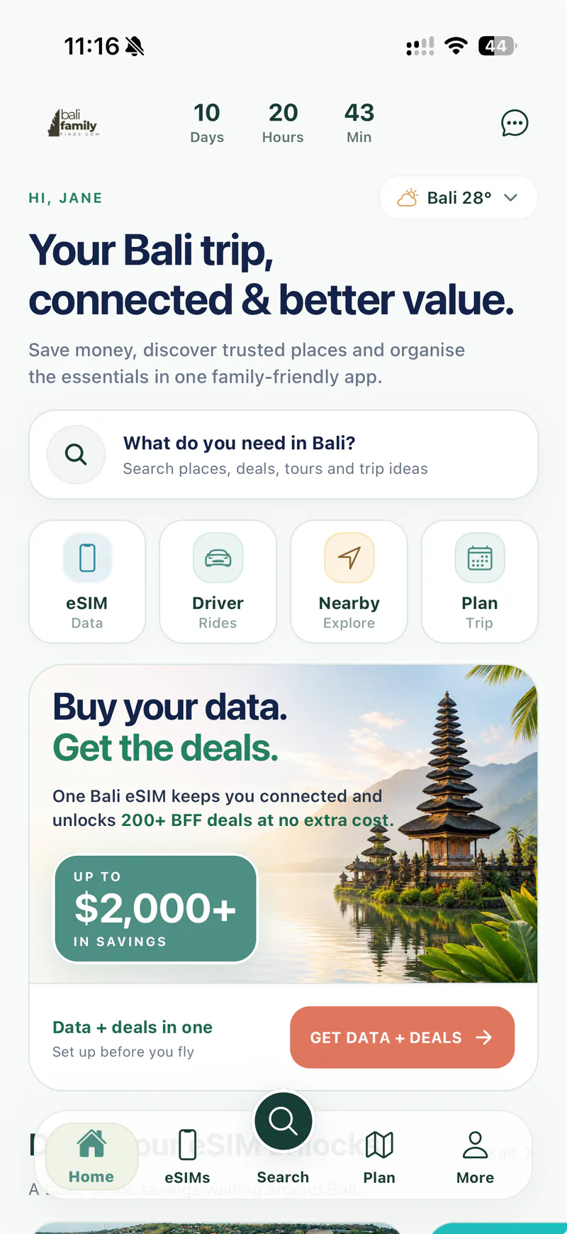 BFF home screen with trip planning, local finds and eSIM shortcuts