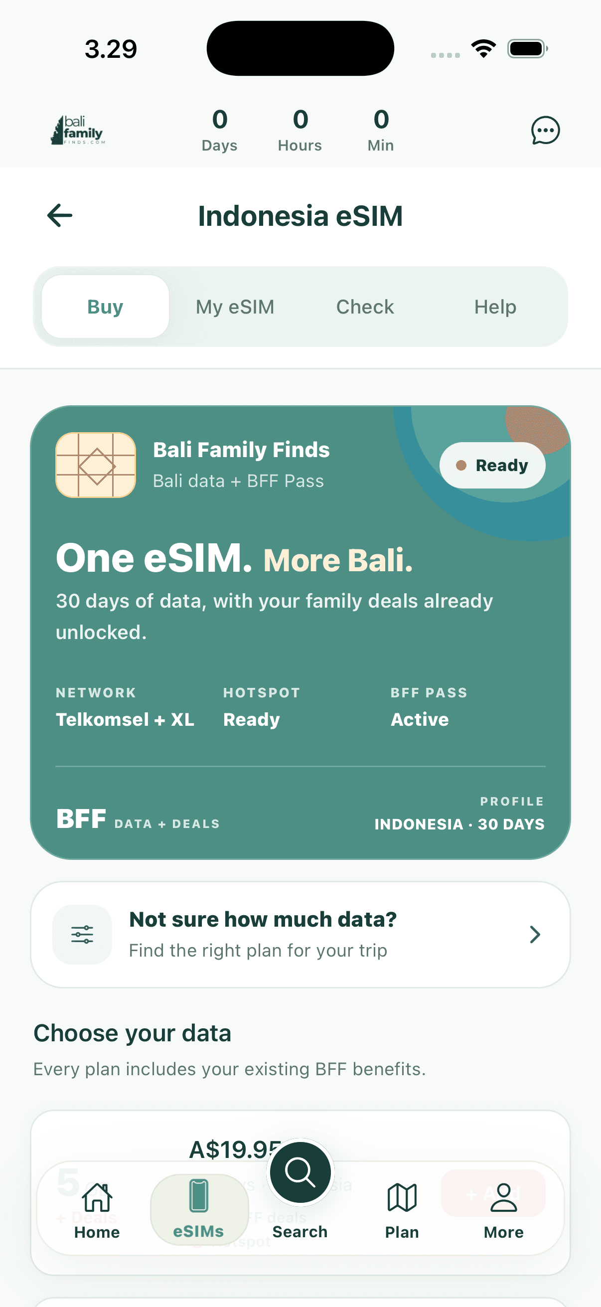 BFF Indonesia eSIM screen with data plans and the included BFF Pass