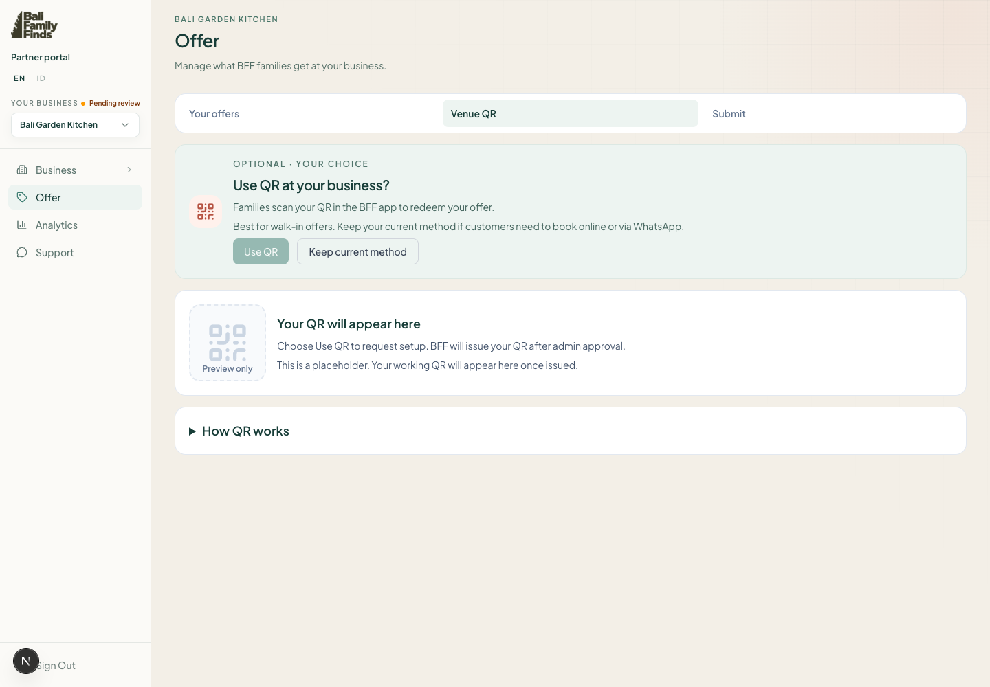 BFF partner portal venue QR setup screen