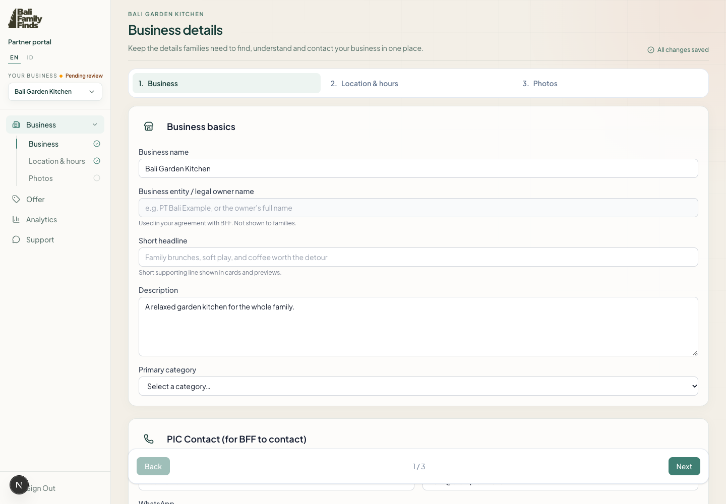 BFF partner portal showing the business setup screen and navigation